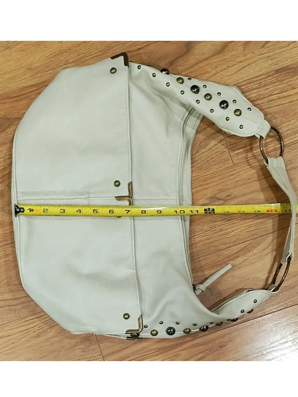 Cream Stud-Trim Leather Hobo Bag